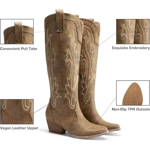 Womens Faux Leather Tan Embroidered Side Zipper Chunky Heel Retro Tall Boot - Picture 4 of 9